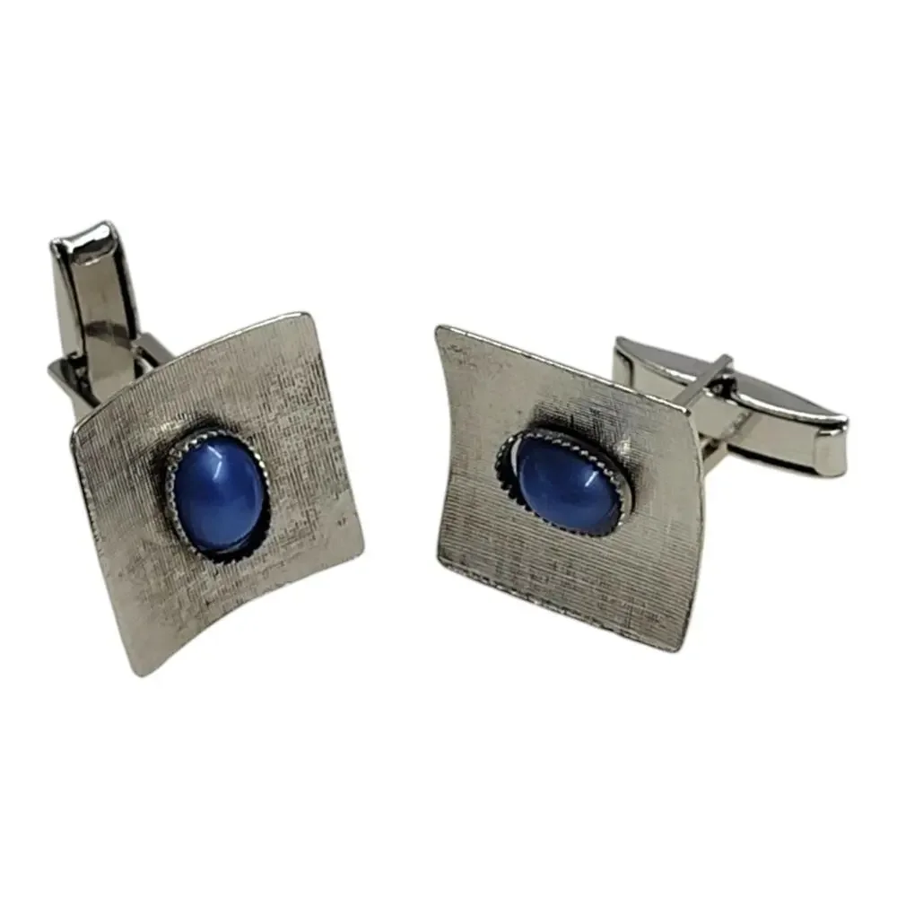 Vintage Mid Century Blue Cats Eye Textured Silver Tone Mens Formal Cufflinks